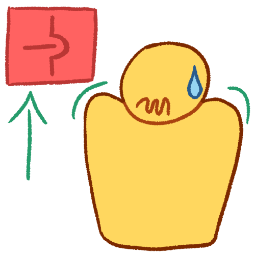 a drawing of a plain yellow person looking uncomfortable, with their shoulders raised, their mouth in a squiggly line, and a sweat droplet on their head. next to them is a pink square containing a glyph of a horizontal line going into a divot in a vertical line, with a green arrow pointing to it.